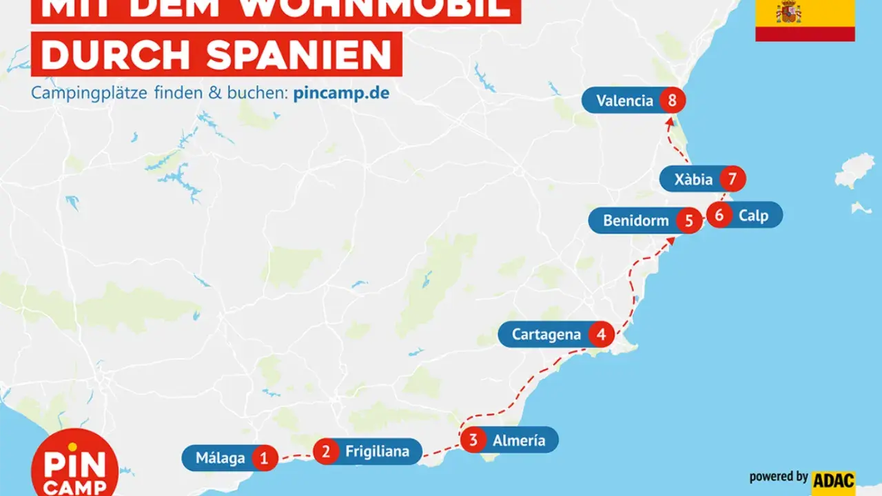 Reisekarte für Wohnmobil-Sightseeing in Spanien: Málaga, Frigiliana, Almería, Cartagena, Benidorm, Calp, Xàbia und Valencia.