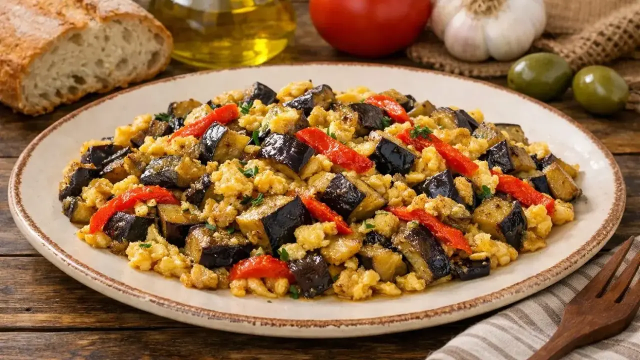 Zarangollo murciano, un plato tradicional con berenjenas, pimientos y huevo revuelto, servido en un plato rústico.