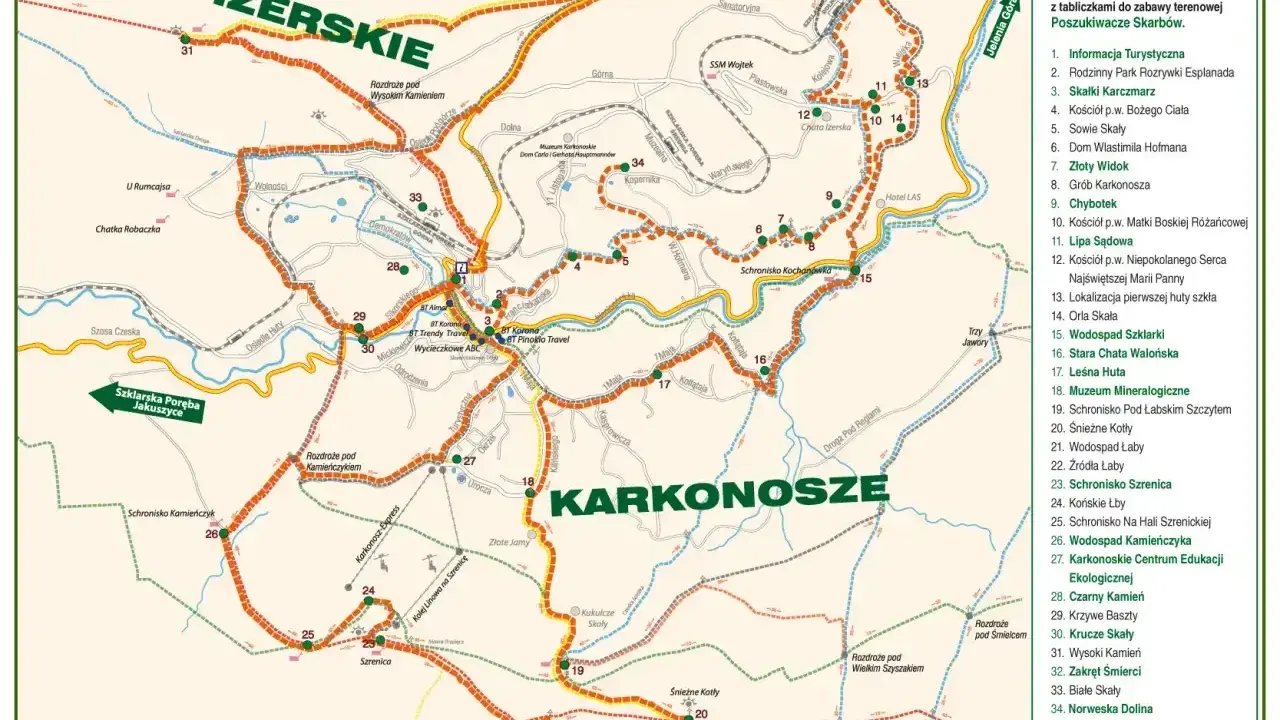 Mapa Karkonoszy i Gór Izerskich z zaznaczonym szlakiem na Szrenicę. Punkty turystyczne i szlaki piesze.