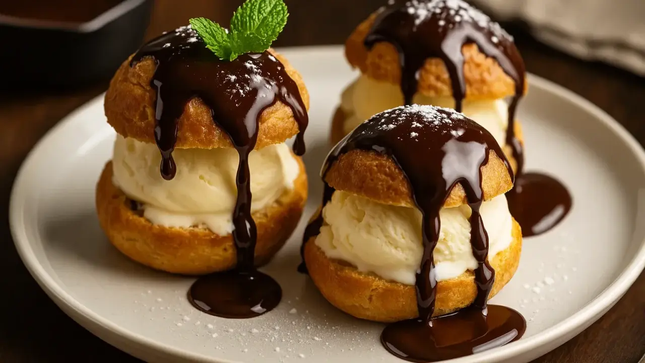 Trois profiteroles au chocolat, garnies de glace à la vanille et de sauce au chocolat, une touche de menthe pour parfaire cette recette.