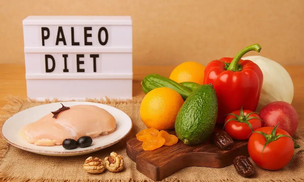 Na stole świeży kurczak, warzywa i owoce. Tablica z napisem "PALEO DIET" sugeruje zdrowe odżywianie.