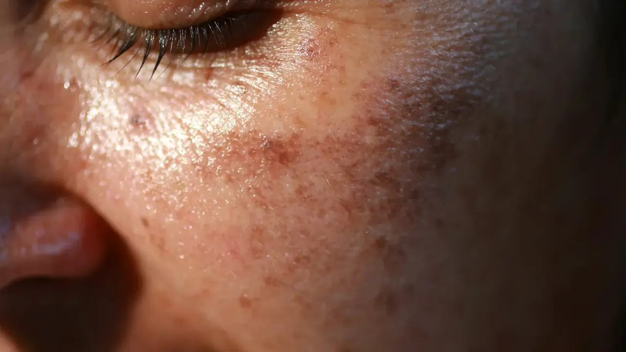 Gros plan sur la peau du visage, montrant des taches brunes. Des conseils sur comment enlever les taches brunes sur le visage pourraient être utiles.
