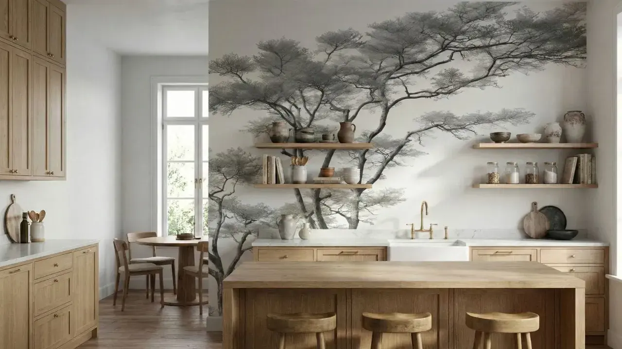 Une cuisine moderne avec des armoires en bois clair et une magnifique tapisserie murale d'arbres en noir et blanc. Une excellente idée tapisserie cuisine pour une ambiance zen.
