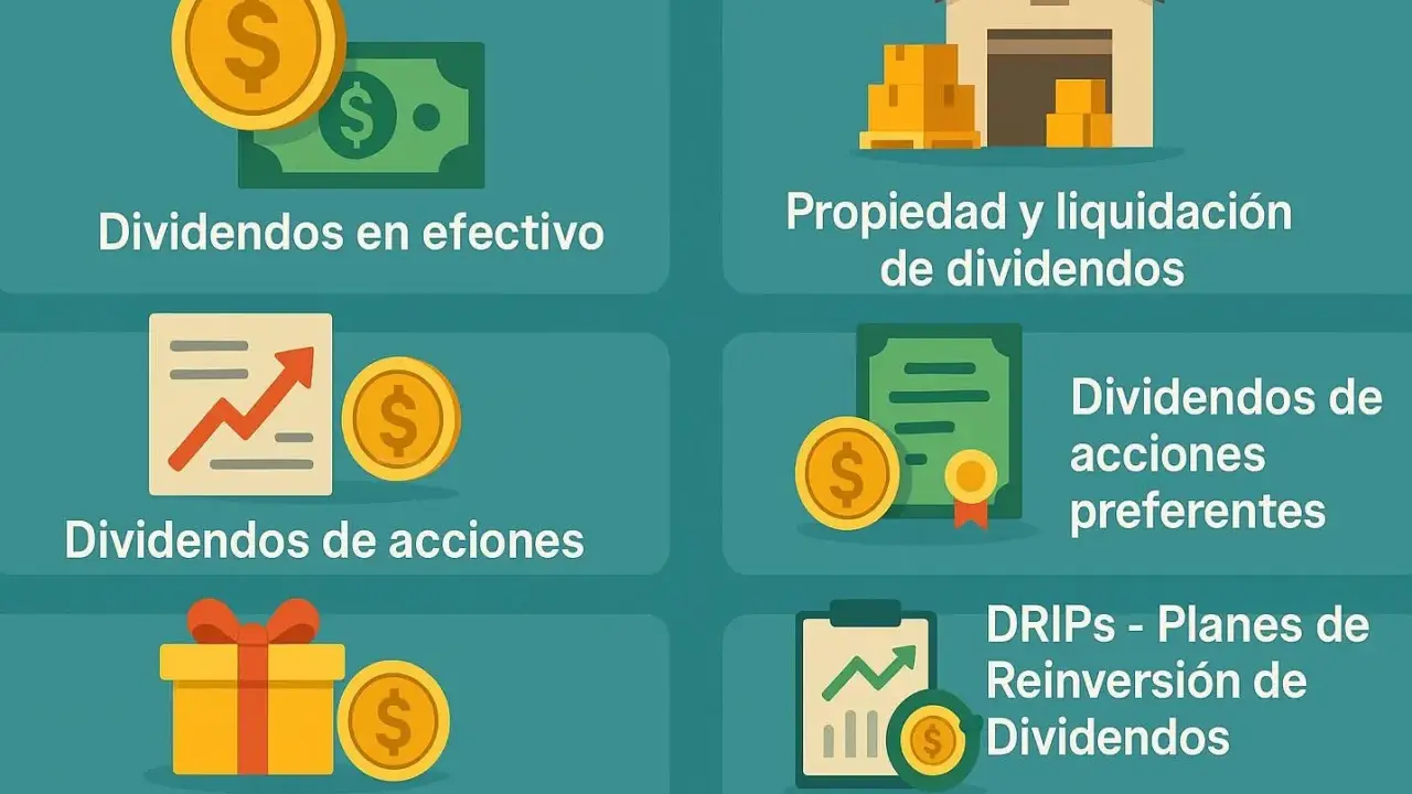 Ilustración de varios tipos de dividendos: en efectivo, de acciones, preferentes, especiales y DRIPs (planes de reinversión de dividendos).