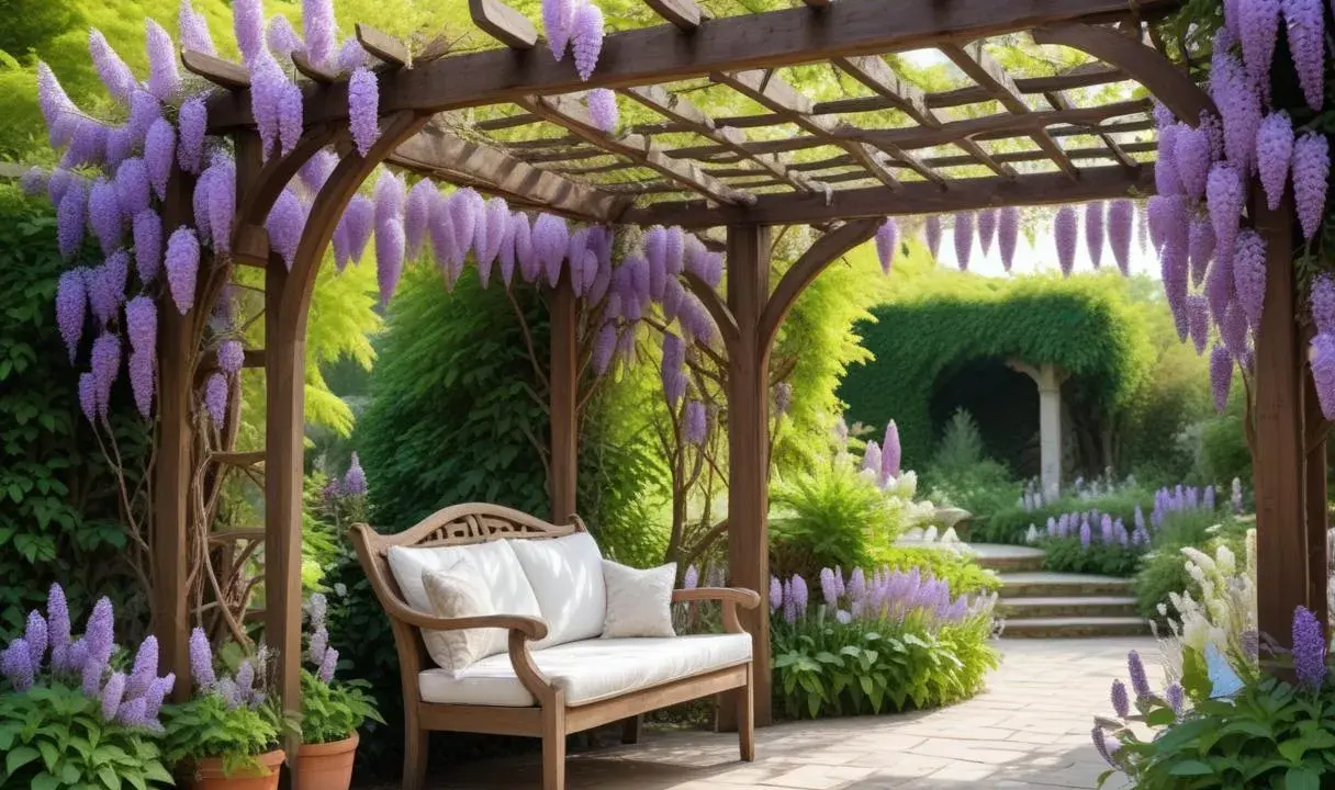 En träpergola med hängande blåregn och en bänk inbjuder till avkoppling i en lummig trädgård.