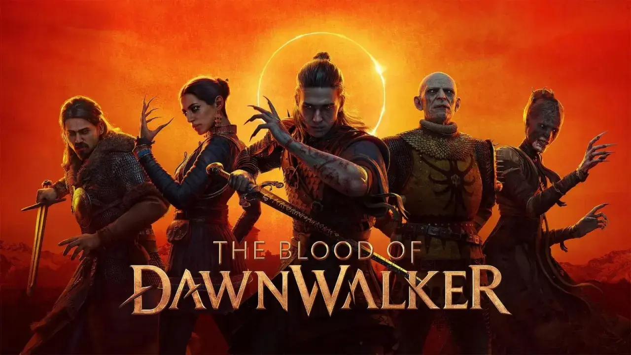 Pięcioro bohaterów, w tym wojownicy i istoty o mrocznym wyglądzie, stoi na tle krwistego nieba. Tytuł gry "The Blood of Dawnwalker" sugeruje epicką opowieść.