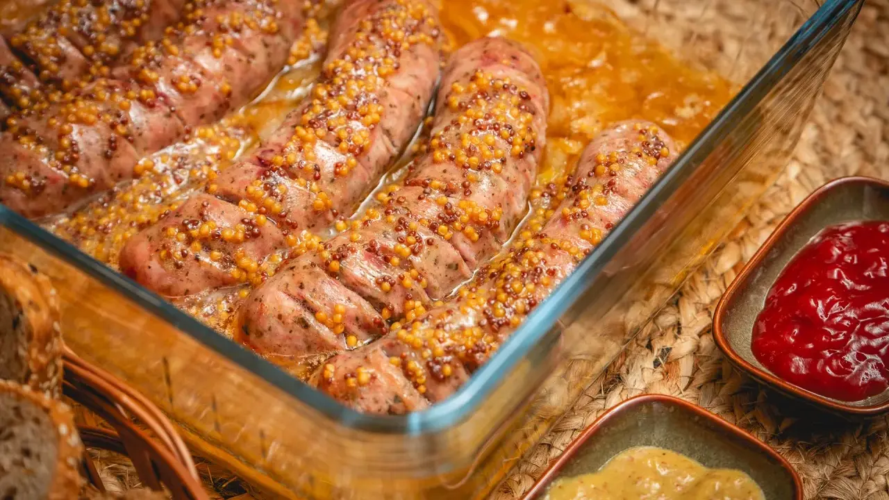 Pyszna biała kiełbasa w piwie, posypana ziarnami gorczycy, pieczona w szklanym naczyniu. Obok sosy i chleb.
