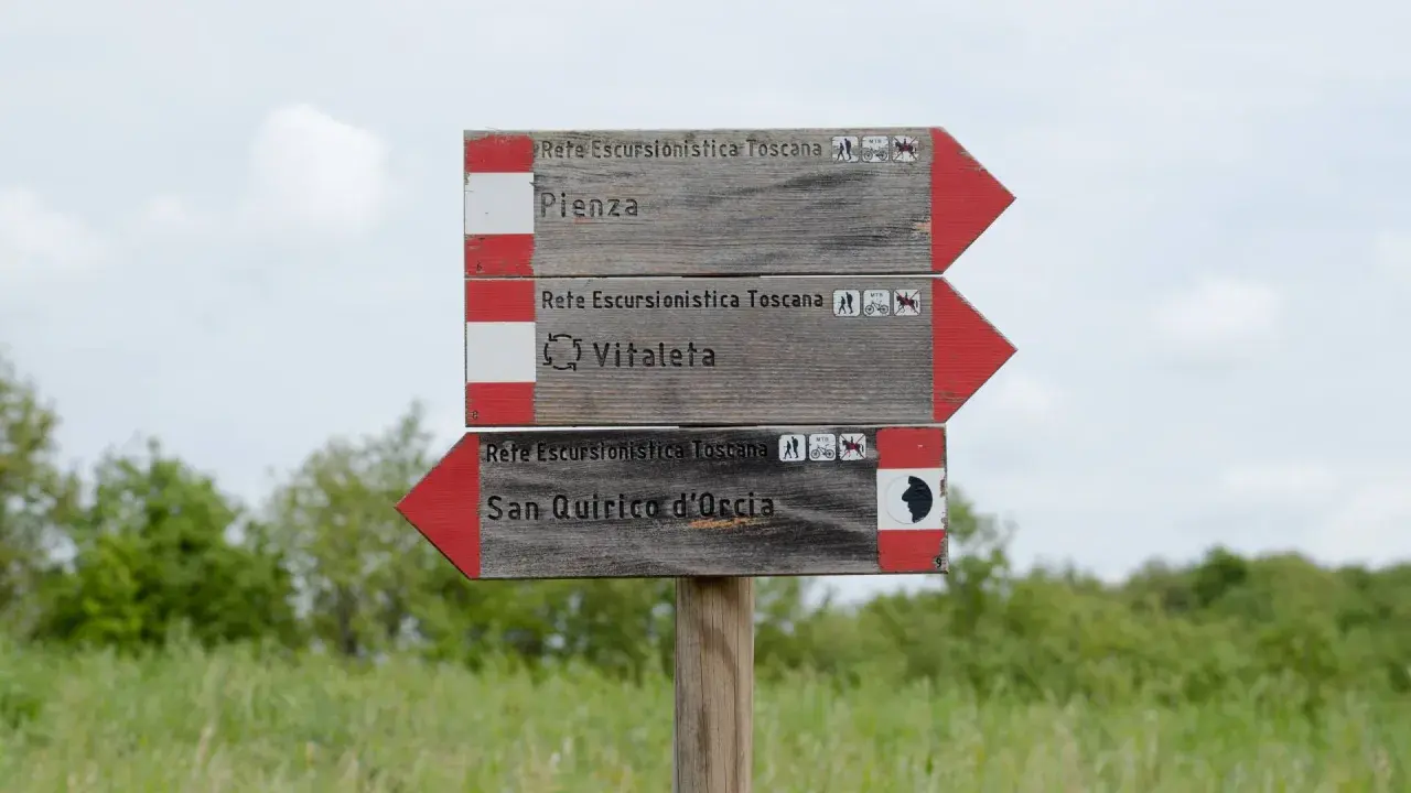 Cartello segnaletico per il trekking in Val d'Orcia: Pienza, Vitaleta e San Quirico d'Orcia.