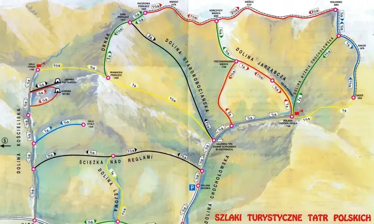Mapa turystyczna Tatr z zaznaczonymi szlakami z Doliny Chochołowskiej, prowadzącymi przez szczyty i przełęcze.