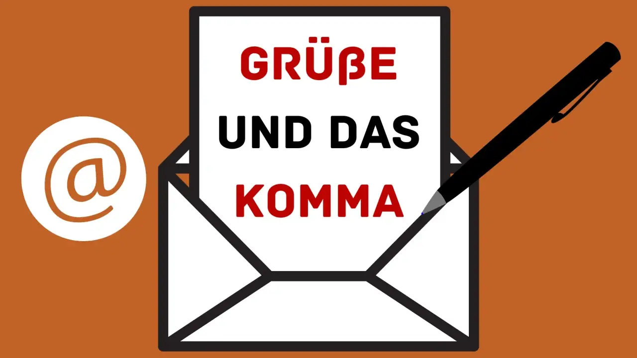 Umschlag mit Stift und Text "Grüße und das Komma" sowie @-Symbol.