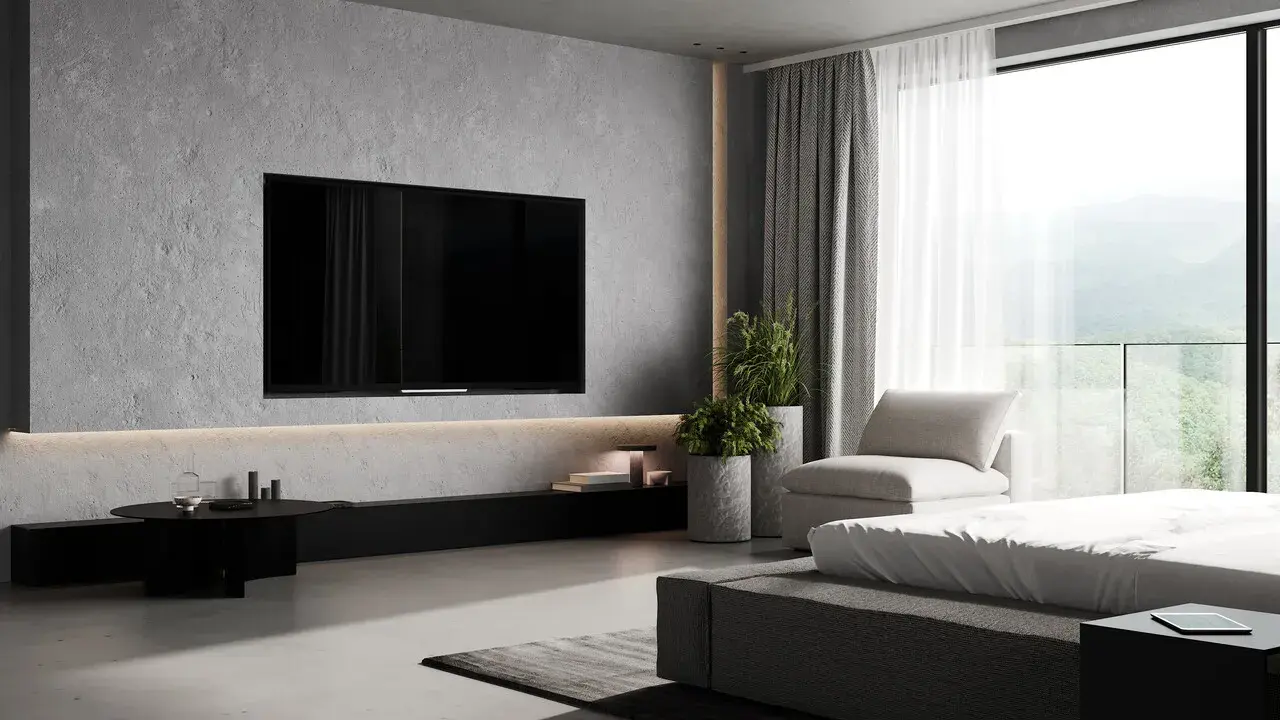 Elegancka ściana z telewizorem w minimalistycznym wnętrzu. Betonowa faktura, dyskretne oświetlenie i widok na góry.