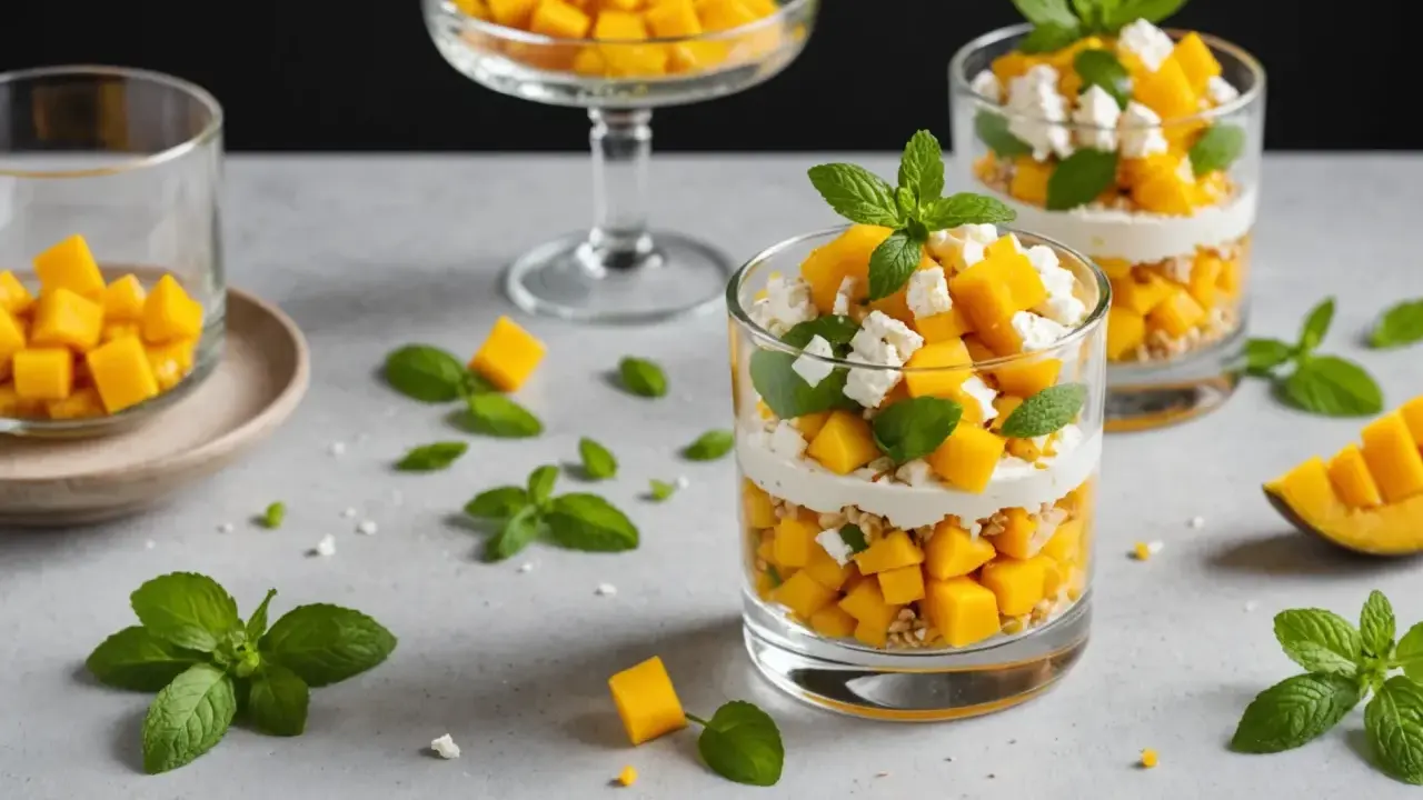 Verrine mangue salée : dés de mangue fraîche, fromage blanc crémeux, éclats de noix et feuilles de menthe, une explosion de saveurs.