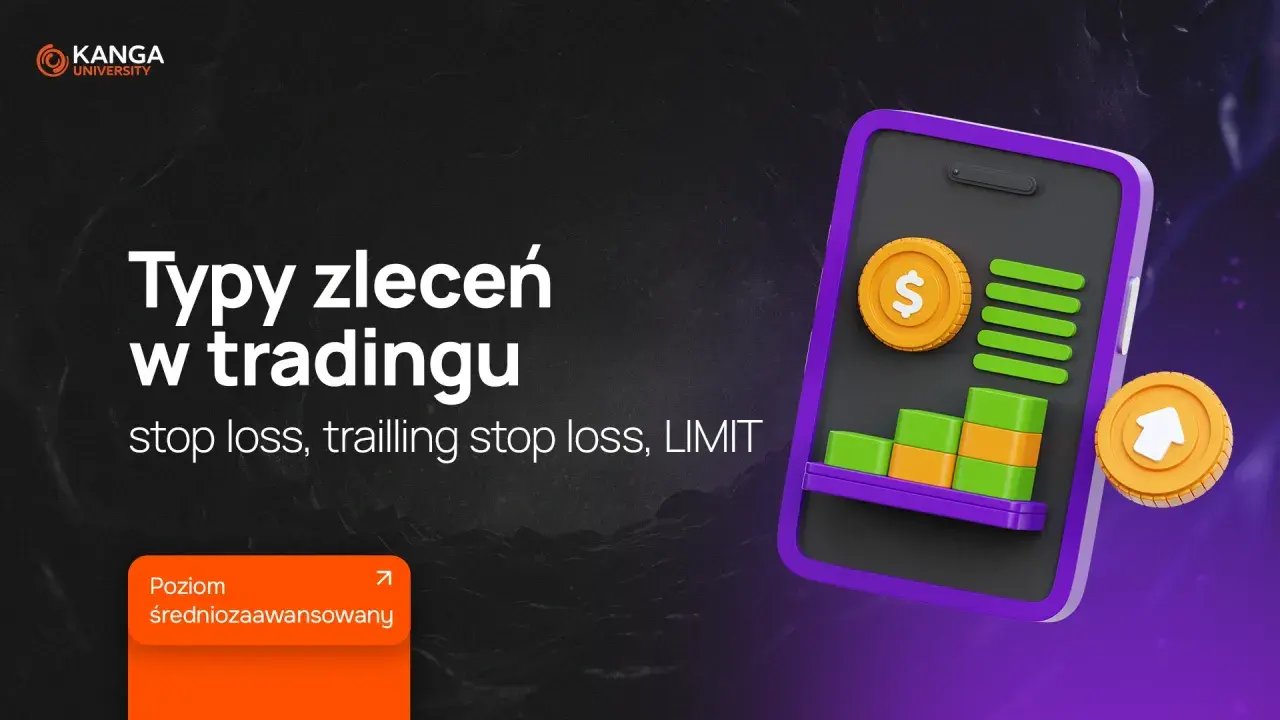 Zlecenie giełdowe typu stop loss, trailing stop loss i limit na ekranie telefonu z wykresem i monetami. Poziom średniozaawansowany.