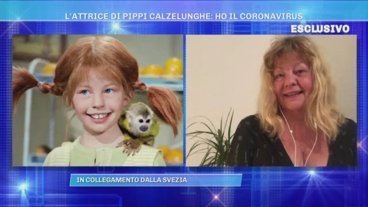 Pippi Calzelunghe a 70 anni: l'attrice Inger Nilsson, con il suo scimmiotto, in collegamento dalla Svezia.