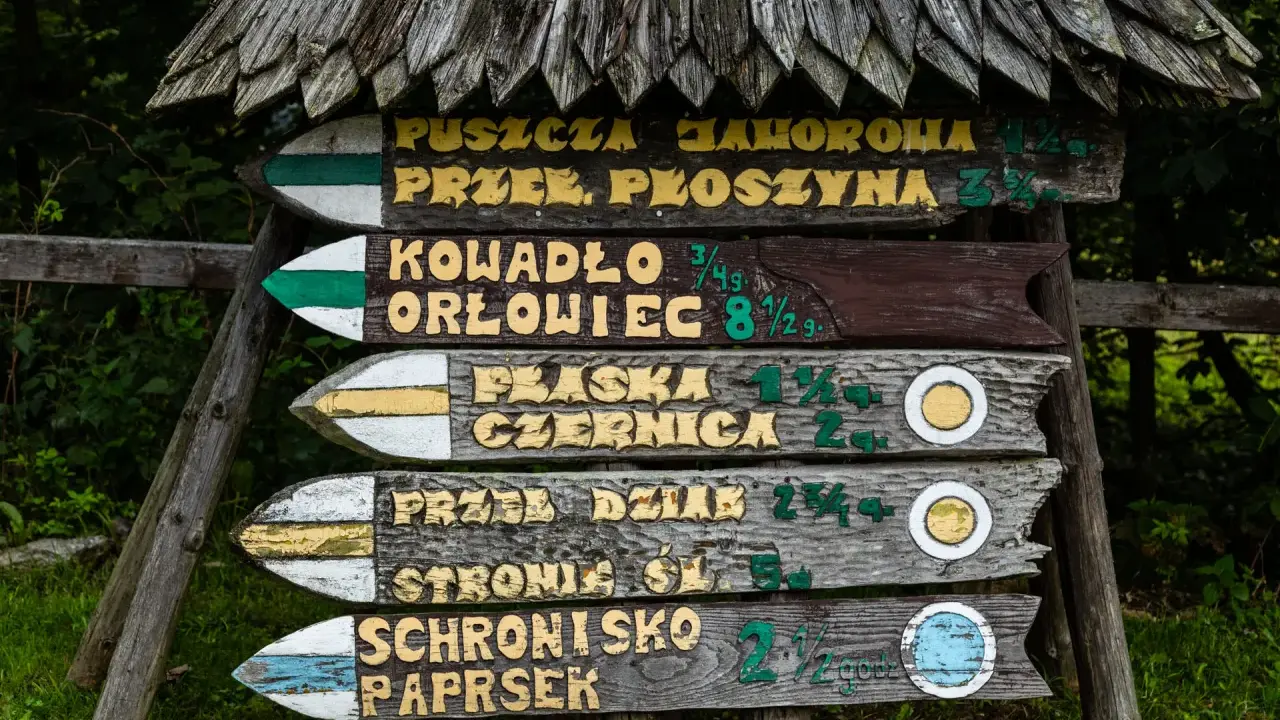 Drewniany drogowskaz w lesie, wskazujący szlaki turystyczne. Na tabliczkach widnieją nazwy takie jak "Puszcza Jahorola", "Kowadło Orłowiec" i "Schronisko Paprsek", a także odległości.