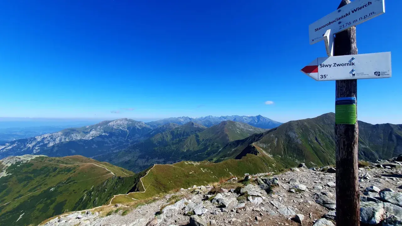 Widok z **Starorobociańskiego Wierchu** na Tatry Zachodnie. Szlak turystyczny wije się po zielonych grzbietach.