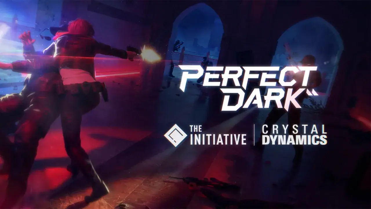 Akcja gry Perfect Dark: dwie postacie w dynamicznej strzelaninie, w tle logo gry i studia Crystal Dynamics.