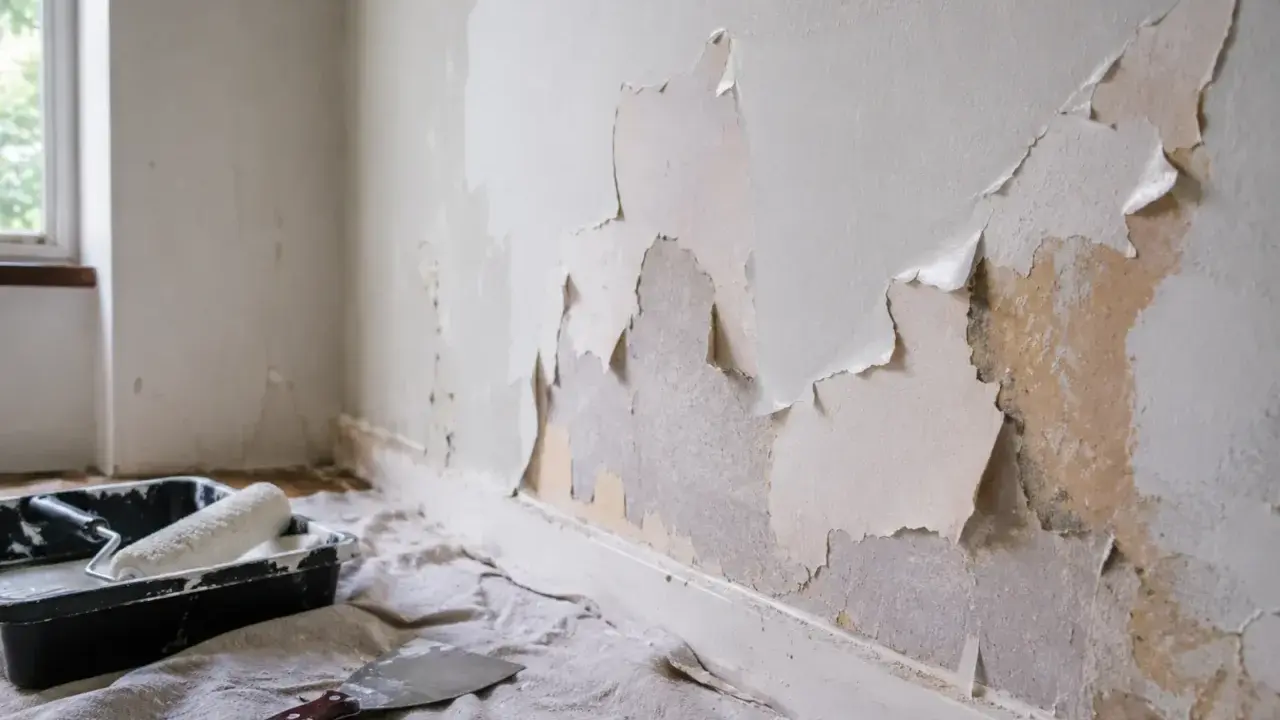 Ściana łuszczy się, a pod nią widać starą farbę. Przygotowania do malowania: kuweta z wałkiem i szpachelka. Co zrobić, gdy farba nie kryje?