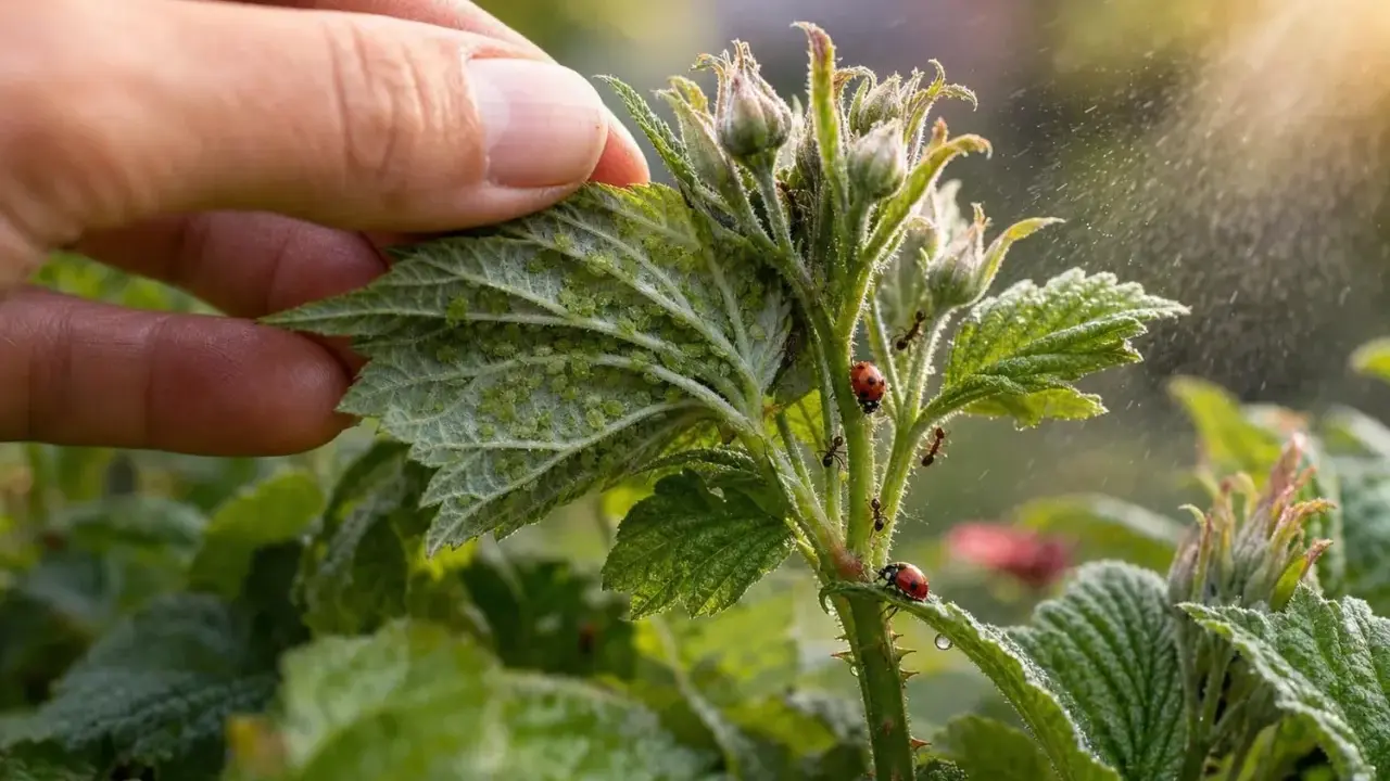 Main de jardinier inspectant une feuille de fraisier infestée de pucerons. Des coccinelles et des fourmis sont présentes, suggérant un traitement naturel contre les pucerons.