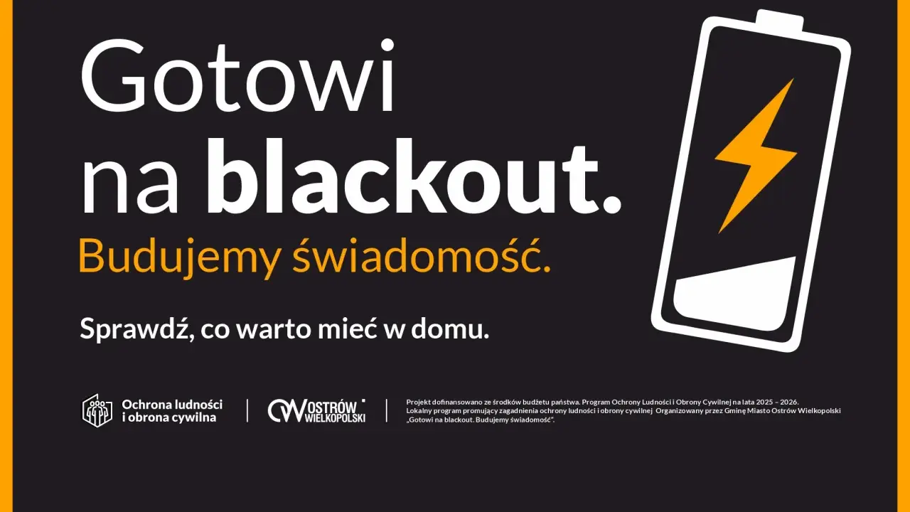 Gotowi na blackout. Budujemy świadomość. Sprawdź, co warto mieć w domu, by przygotować się na skutki przerwania dostaw energii elektrycznej. Ikona baterii symbolizuje gotowość.