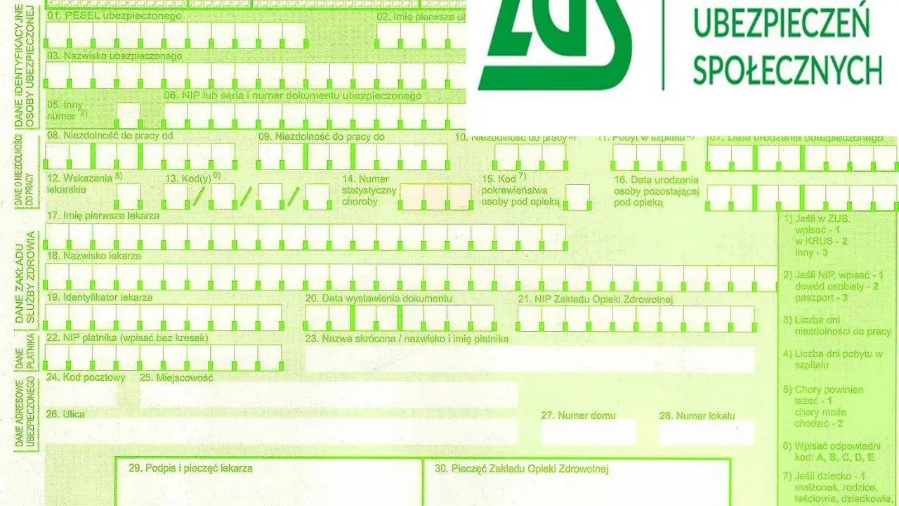 Formularz ZUS ZLA, czyli zwolnienie lekarskie w Norwegii, zawiera dane ubezpieczonego, lekarza i płatnika.