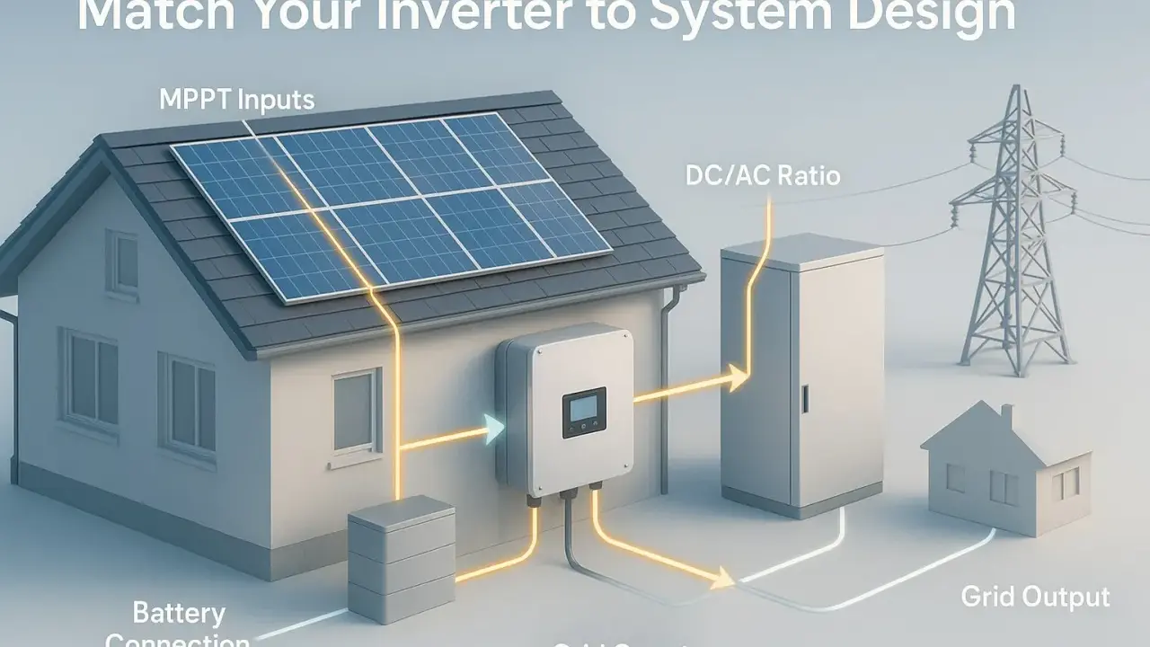 Schema för solcellssystem: solpaneler på taket, växelriktare, batteri och elnät. Förklarar vad betyder ac och dc i detta sammanhang.