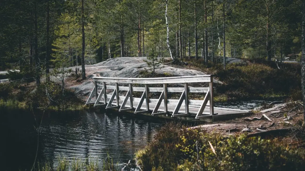 Drewniany mostek nad ciemną wodą, otoczony lasem i skałami. Piękny krajobraz w okolicach Drammen, Norwegia.