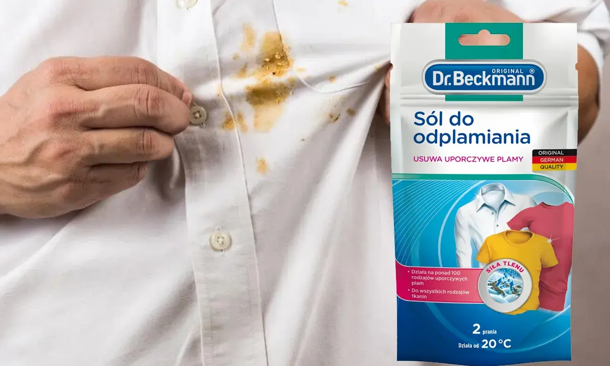 Biała koszula z brązowymi plamami i opakowanie odplamiacza Dr. Beckmann.