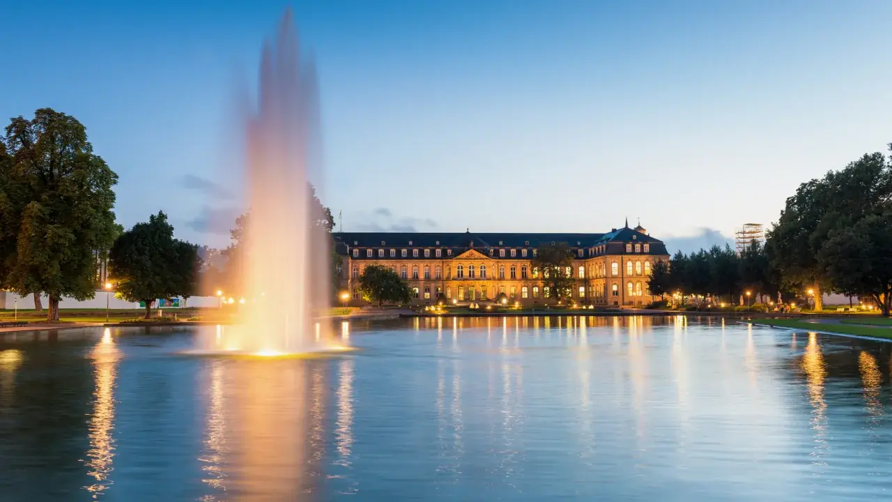 Ein beleuchteter Brunnen spiegelt sich im Wasser vor dem Neuen Schloss in der Stuttgarter Innenstadt.
