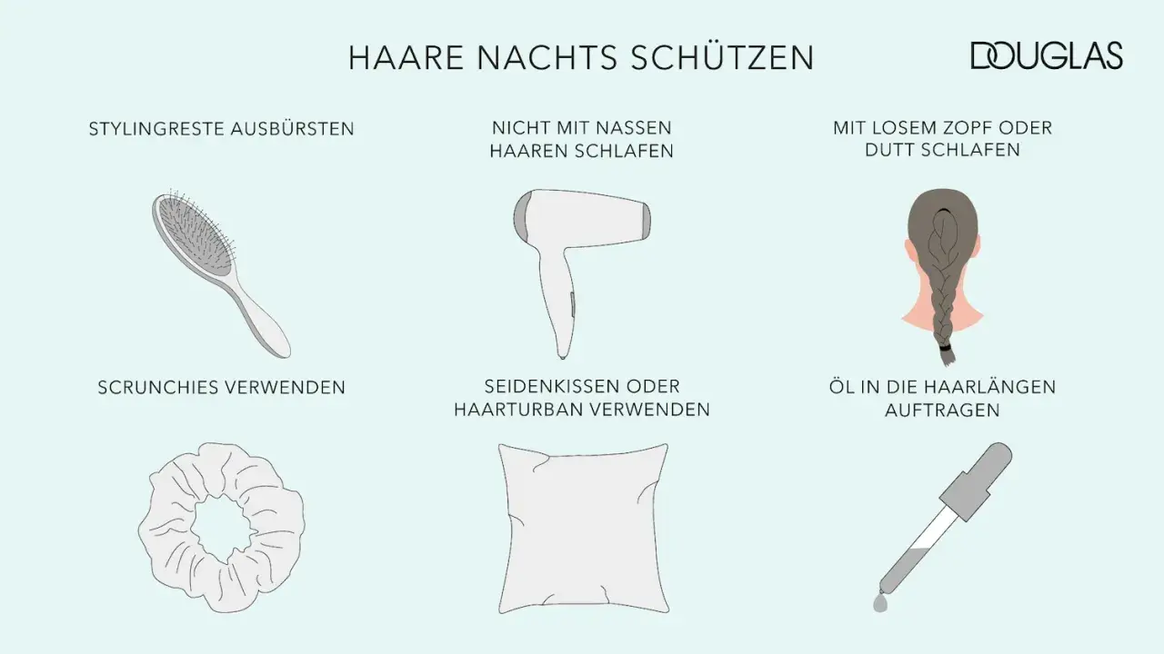Tipps für die perfekte Frisur zum Schlafen: Stylingreste ausbürsten, nicht mit nassen Haaren schlafen, lockeren Zopf tragen, Scrunchies nutzen, Seidenkissen verwenden und Öl auftragen.