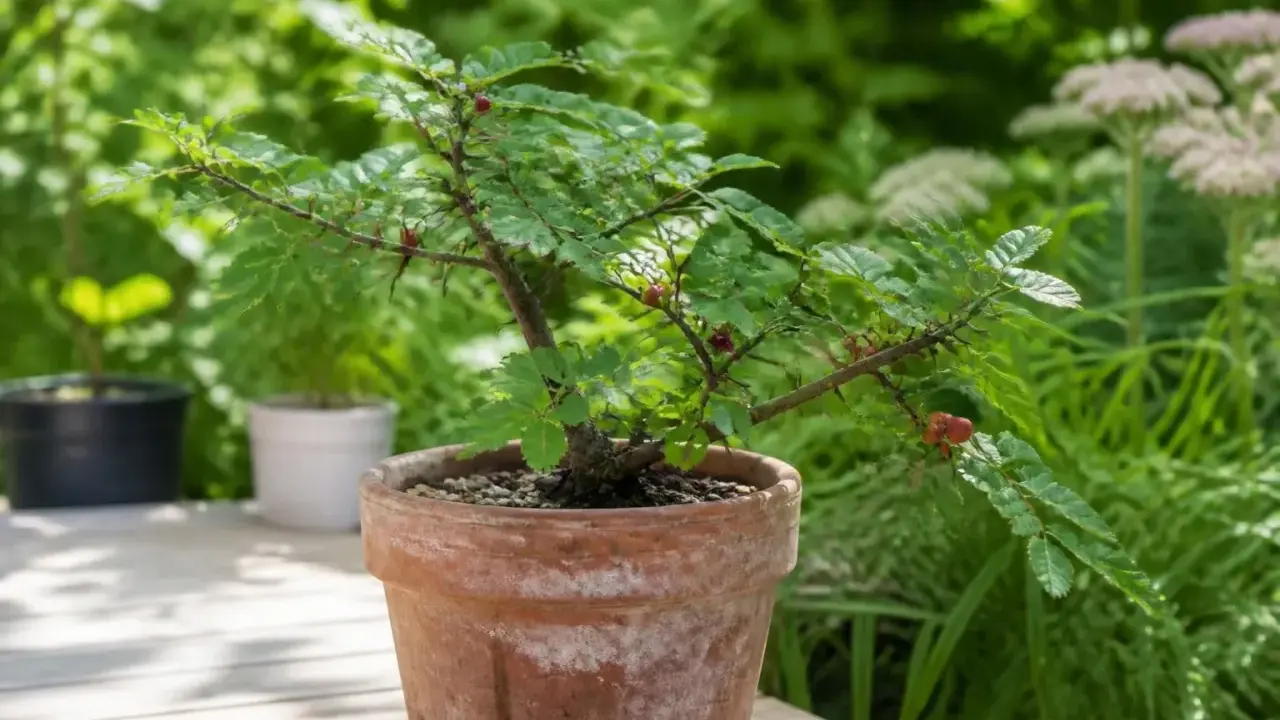 Un jeune poivrier du Sichuan en pot, avec ses petites baies rouges, se dresse sur une terrasse en bois, entouré de verdure luxuriante.