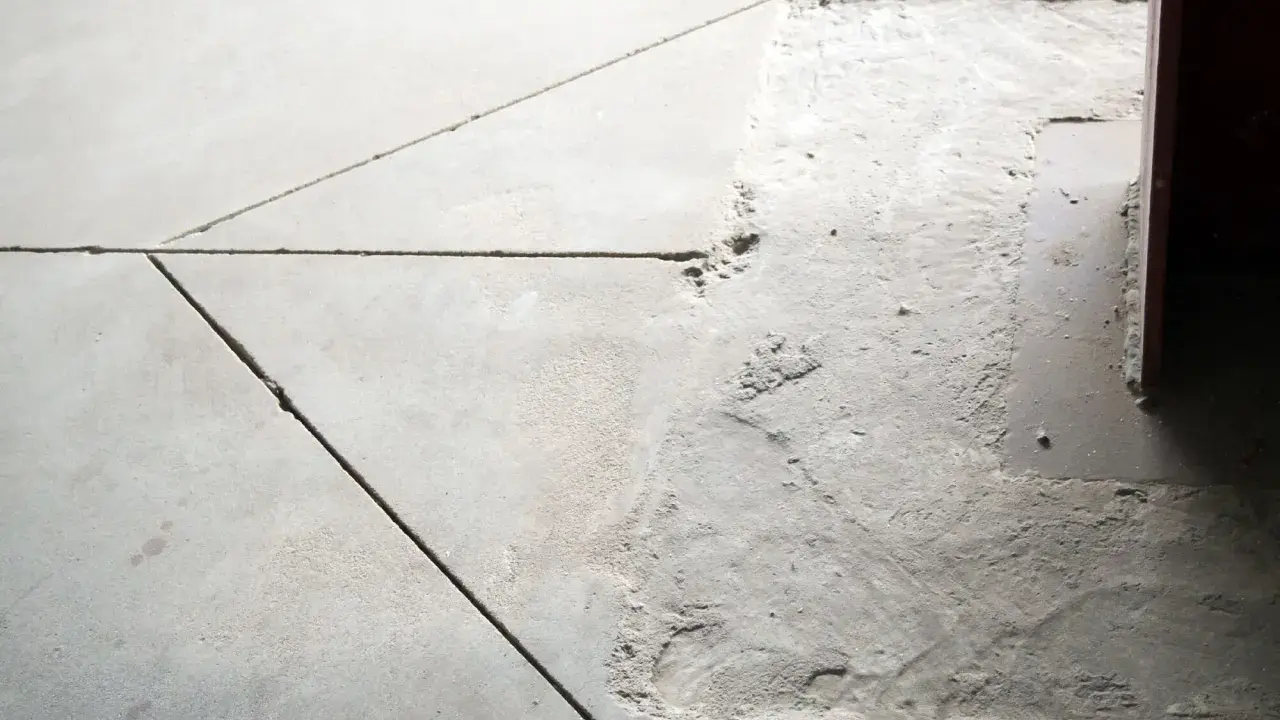 Widoczne pęknięcia i ubytki w posadzce betonowej, wskazujące na potrzebę wykonania dylatacji.
