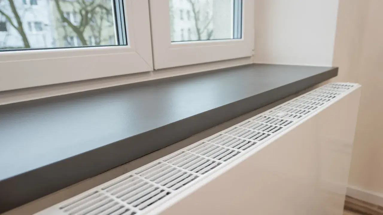 Ciemnoszary parapet idealnie komponuje się z białymi oknami, tworząc nowoczesną aranżację wnętrza.