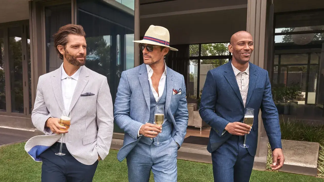 Stylish men in suits and blazers, perfect for ideas on what to wear to a wedding men. They hold champagne glasses.