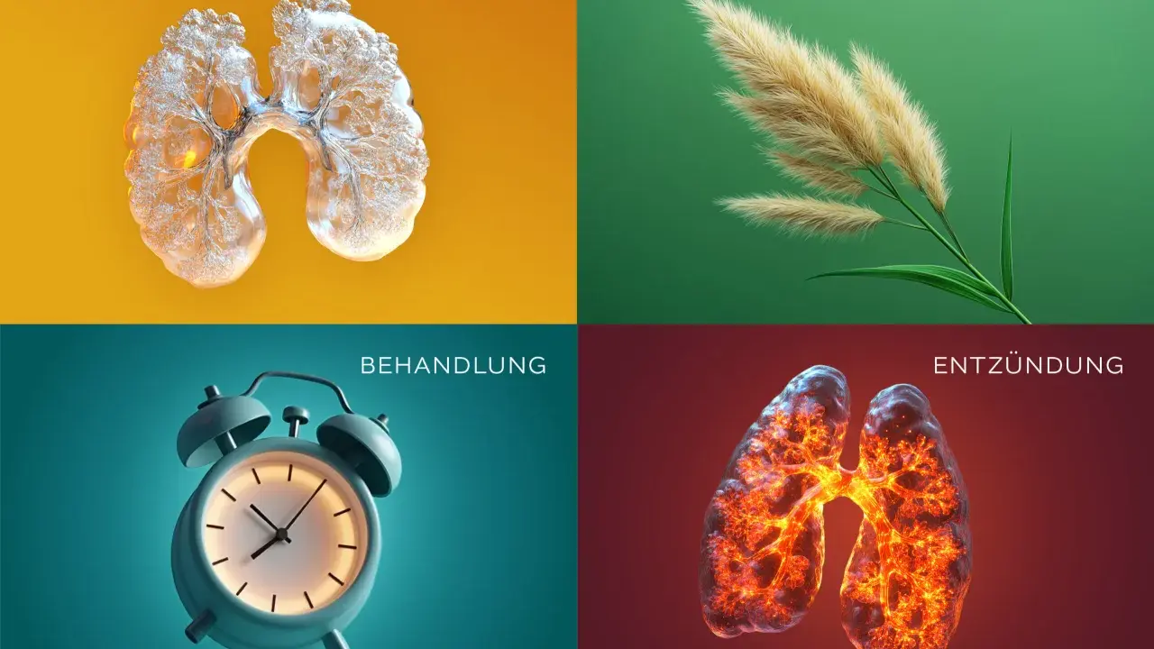 Vier Bilder zeigen: Lunge mit Symptomen, Gräser (allergisches Asthma), Wecker (Behandlung) und entzündete Lunge. So ist Asthma.