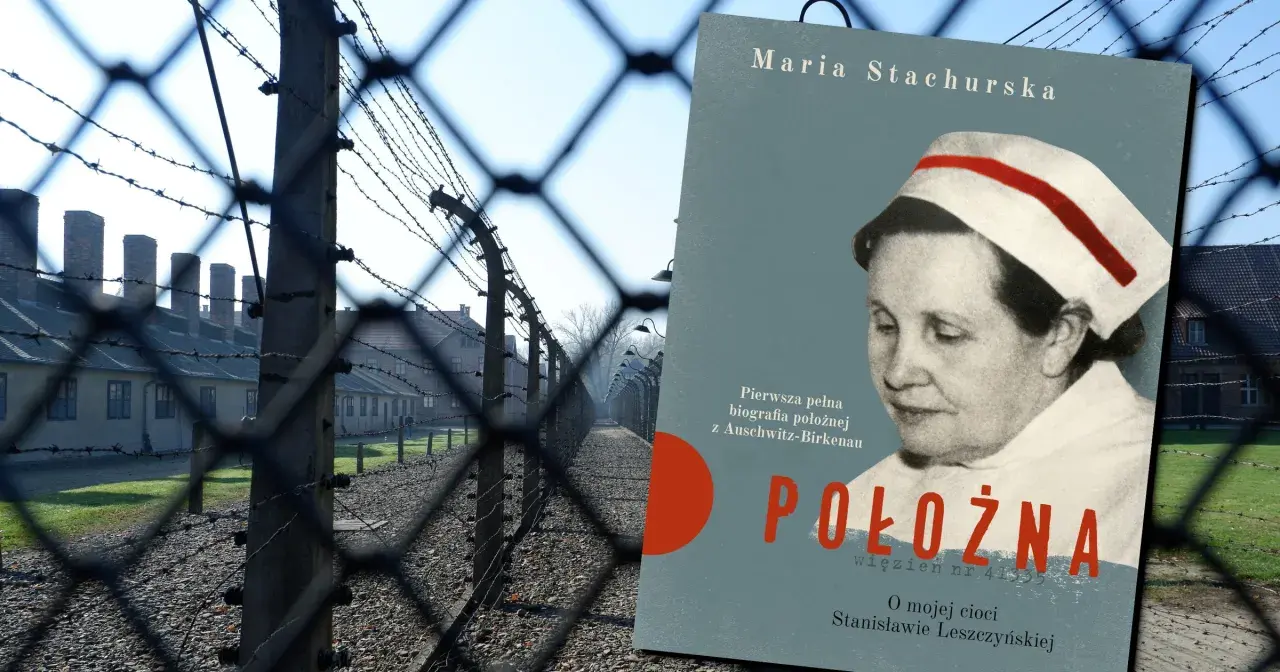 Książka o położnej z Auschwitz-Birkenau, która pomagała dzieciom. W tle druty kolczaste i baraki obozu.