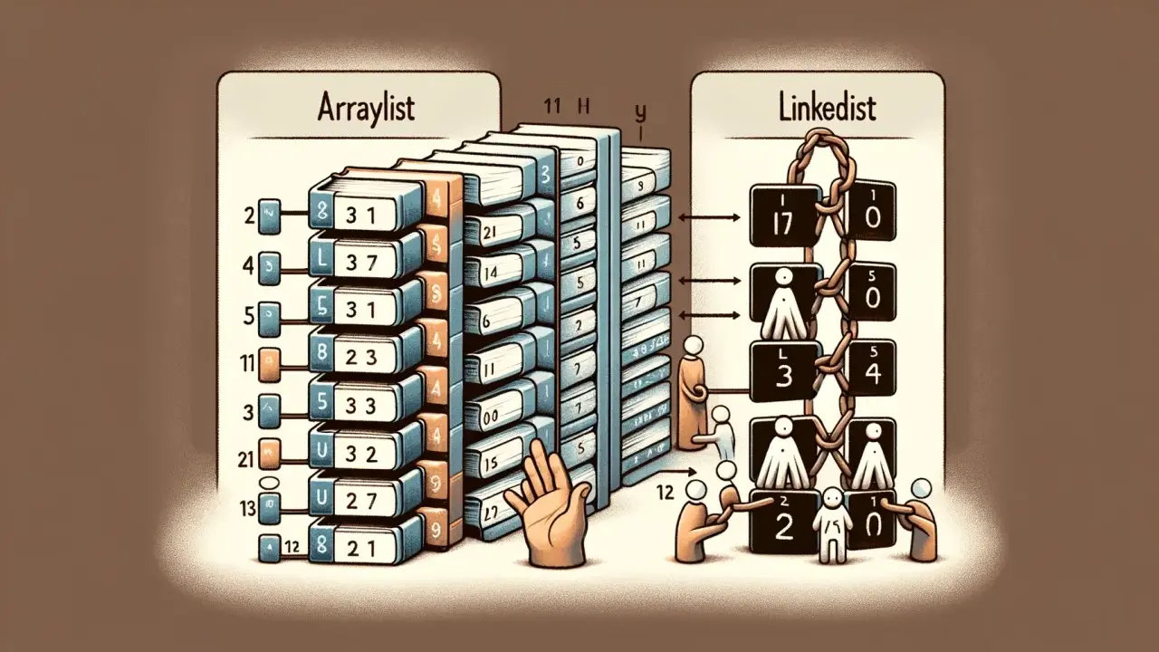 Porównanie ArrayList i LinkedList w Javie. ArrayList to stos książek, LinkedList to łańcuch ludzi.