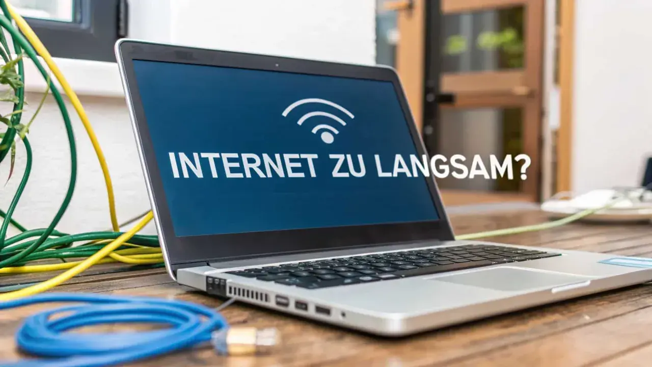 Laptop mit der Frage "INTERNET ZU LANGSAM?" und vielen Kabeln. Vielleicht liegt es daran, warum ist das Internet so langsam?