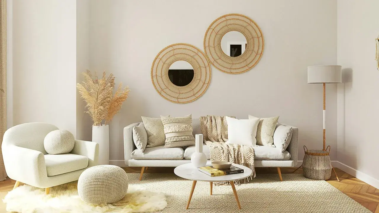 Un salon boheme nature avec un fauteuil douillet, un canapé confortable, des coussins texturés, des miroirs en rotin et des herbes séchées.