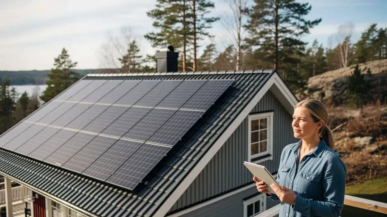 Kvinna med surfplatta övervakar solceller på taket. Regelbundet solceller underhåll säkerställer optimal energiproduktion.
