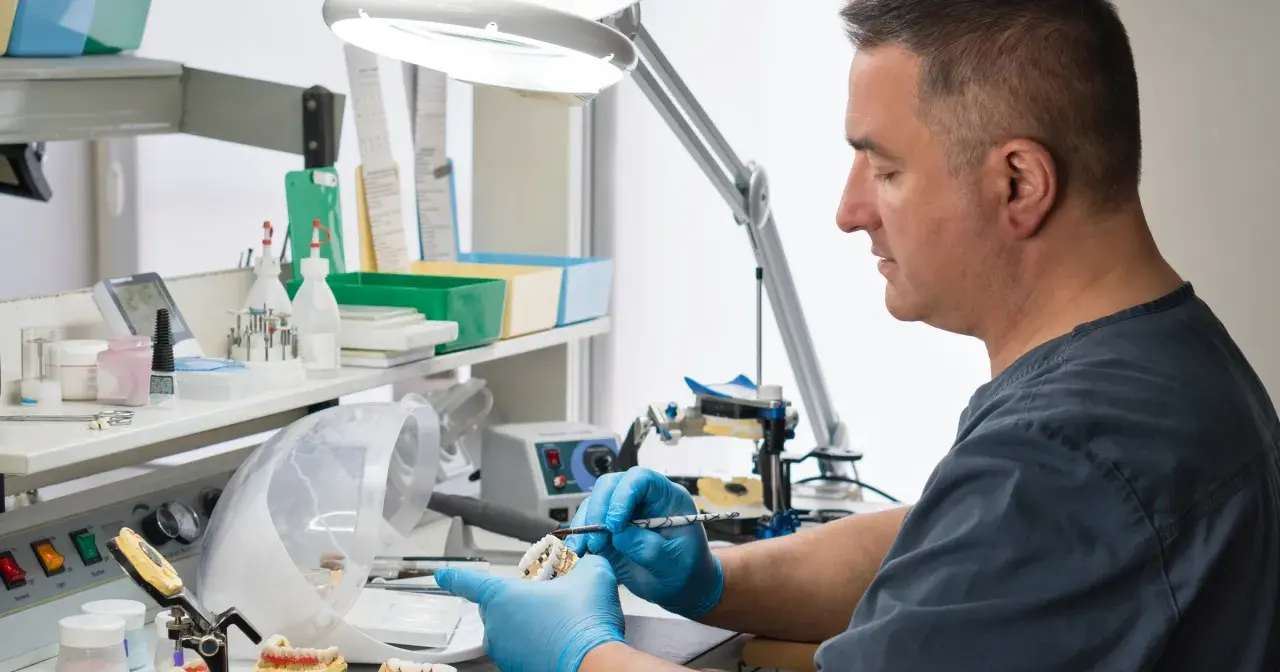 Pracownia technika dentystycznego. Precyzyjna praca nad protezą, która wpływa na technik dentystyczny zarobki.