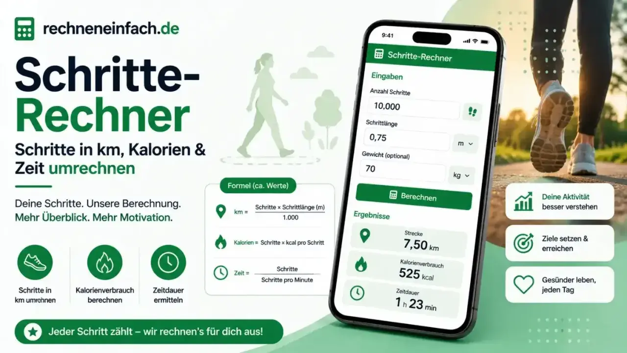 Schritte-Rechner zeigt, wie lange 10.000 Schritte dauern. Berechnet Distanz, Kalorien & Zeit. Mehr Motivation für deine Aktivität.