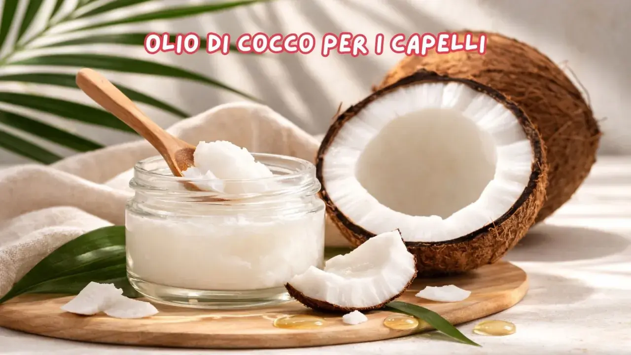Olio di cocco per capelli: scopri le sue incredibili proprietà. Un vasetto di olio di cocco, un cocco aperto e foglie verdi.