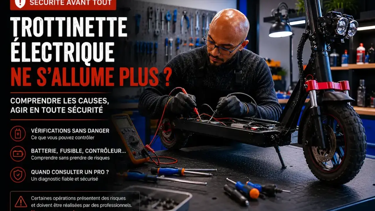 Un technicien vérifie le fusible d'une trottinette électrique Urban Glide qui ne s'allume plus. Outils et multimètre à proximité.