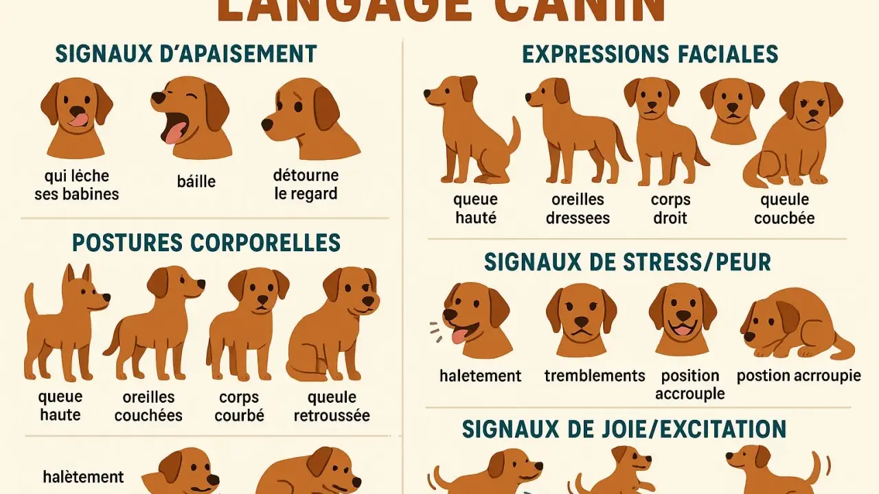 Illustration du langage corporel du chien : signes d'apaisement, expressions faciales, postures, stress/peur et joie/excitation.