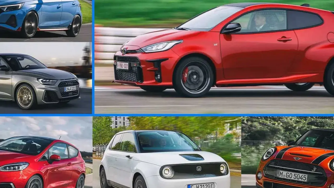 Comparativa de coches segmento b: azul deportivo, gris elegante, rojo agresivo, blanco eléctrico y naranja icónico.