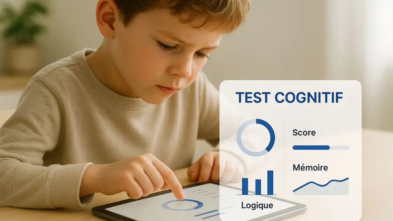 Un enfant concentré sur une tablette, effectuant un test cognitif. Il ressemble à un petit zèbre, explorant son potentiel.