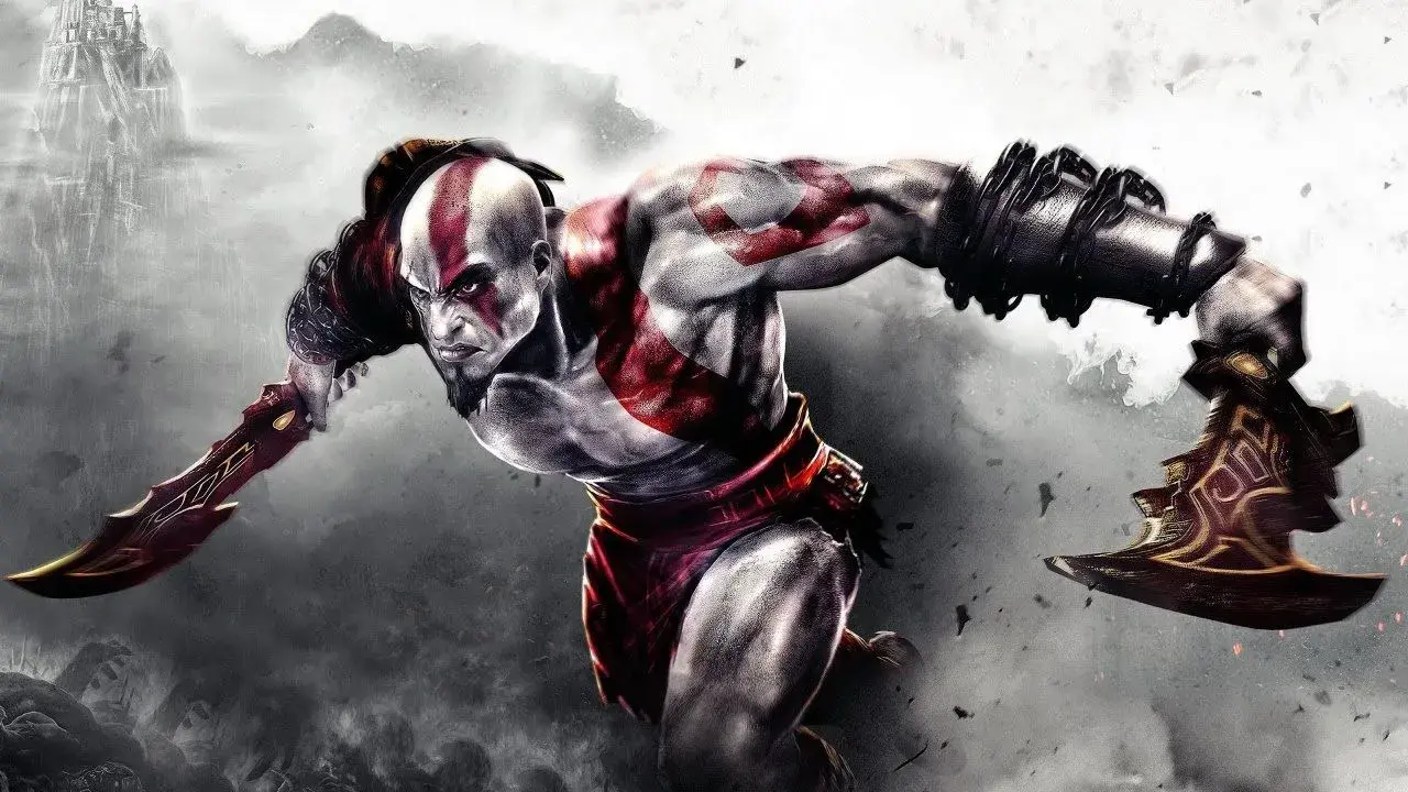 Kratos z God of War 2 w akcji, z ostrzami chaosu i toporem w rękach, na tle mglistych gór i zamku.