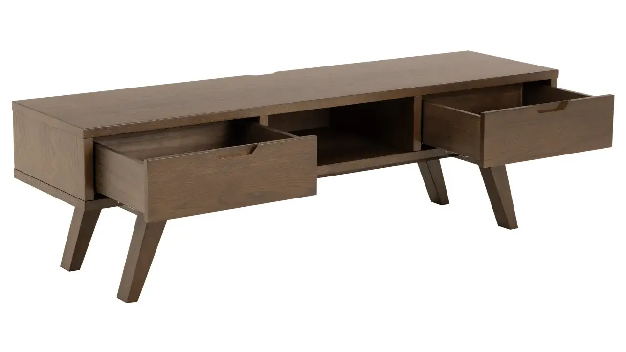 Mörkbrun tv möbel från IKEA med två utdragna lådor och öppen förvaring.