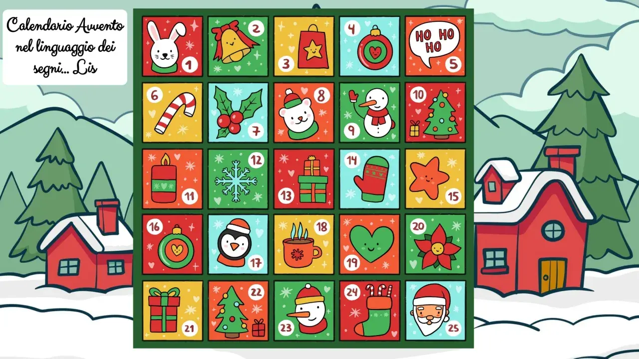 Un colorato calendario avvento interattivo con 25 caselle, ognuna con un simbolo natalizio e un numero. Sullo sfondo, casette innevate e alberi.